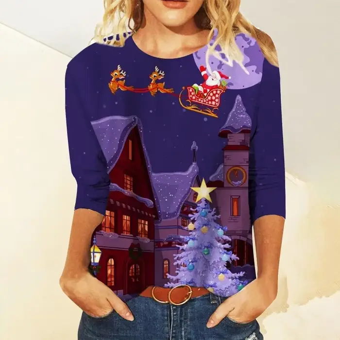 Sweat-shirt à manches longues pour femmes, imprimé de noël, col rond, mode décontractée, père noël,