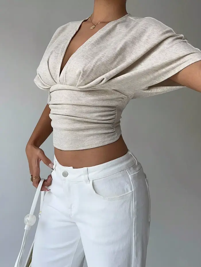 T-shirt d'été à manches courtes pour femmes, abricot, décolleté en V profond, ajusté