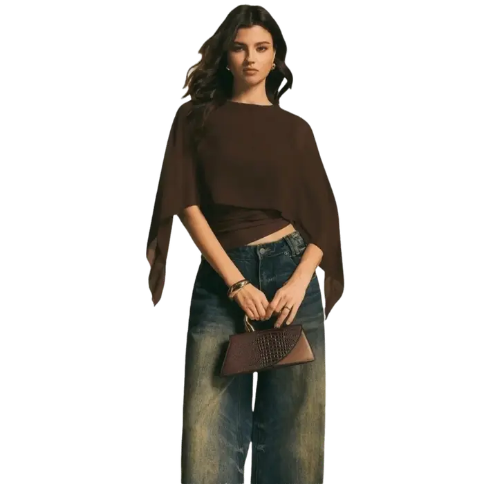 Haut élégant à col rond et manches cape, coupe ajustée, devant ouvert, t-shirt asymétrique, taille froncée, tissu transparent, manches chauve-souris, pour le quotidien