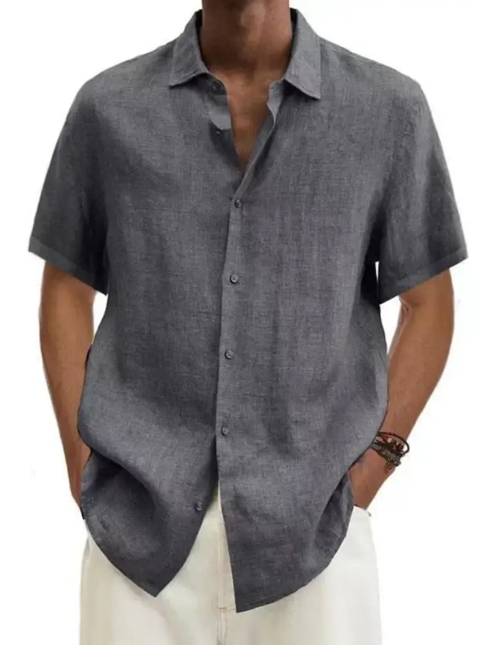 Chemise à manches courtes pour homme en mélange de lin, col boutonné décontracté, légère et respirante