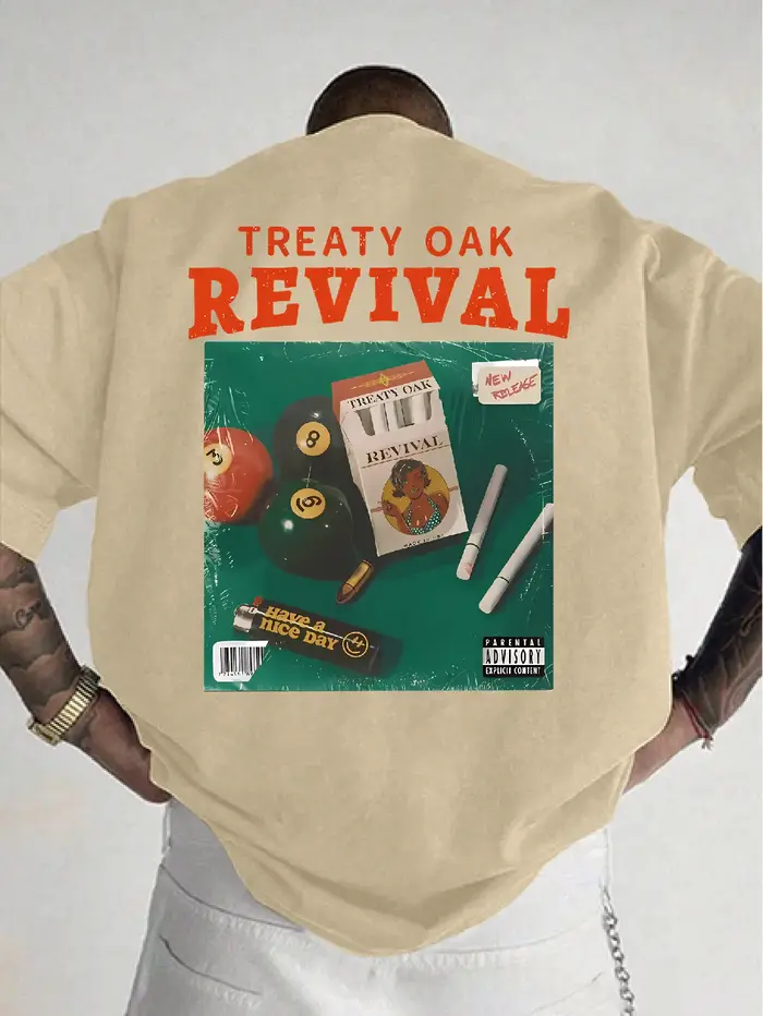 T-shirt rétro à col rond Black Treaty Oak Revival, Album de musique imprimé, scène de loisirs et de