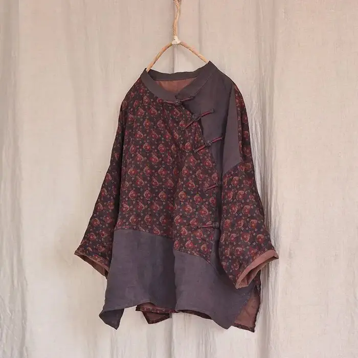 Coton lin t-shirts femmes mode imprimé contrasté à lacets chemise artistique irrégulière Vintage sur