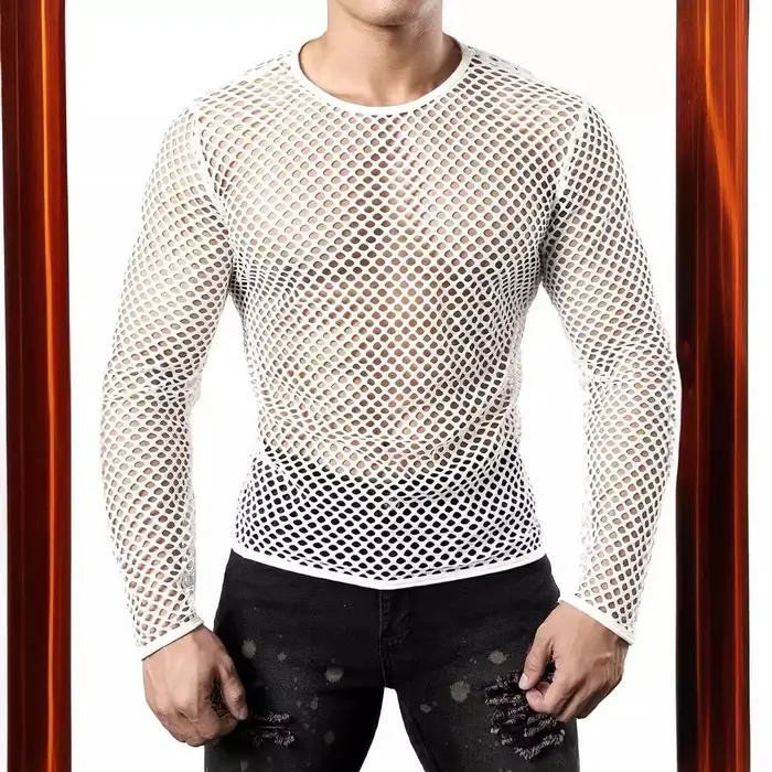 2025 hommes t-shirt maille Transparent col rond à manches longues T-shirts Sexy Streetwear mode fête discothèque