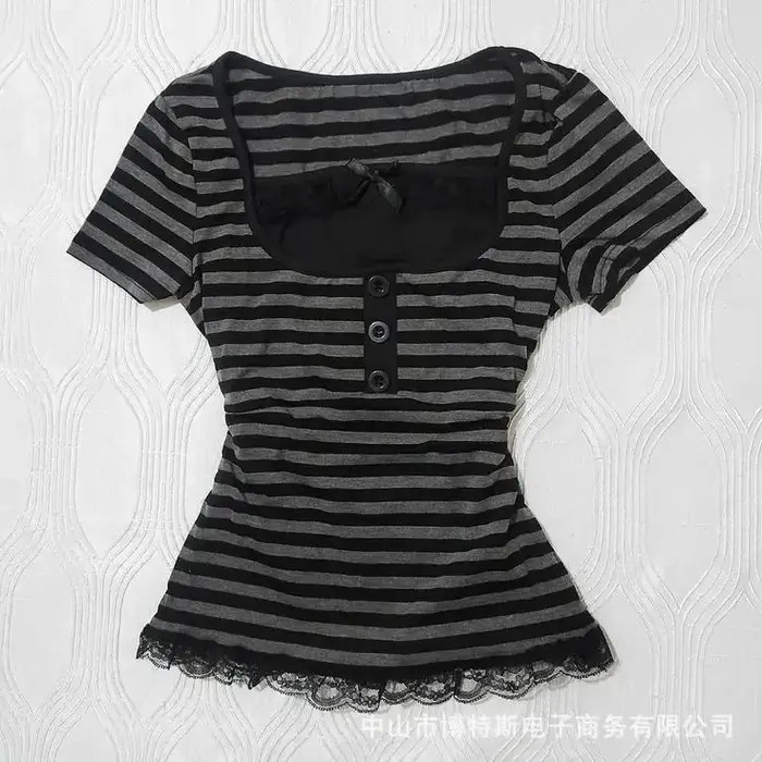 T-shirt vintage slim en dentelle, couleur unie, motif décontracté, style urbain, mode Y2K, crop top,