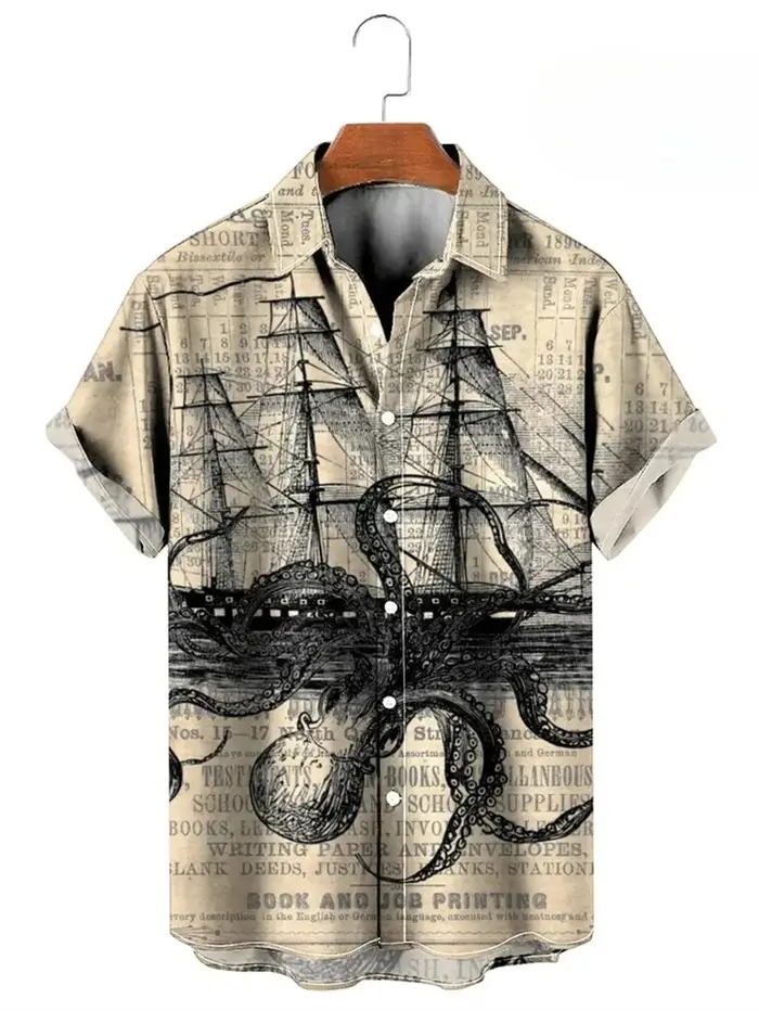 Vintage boutonné chemise homme 3d carte imprimé à manches courtes chemise hawaïenne revers vêtements