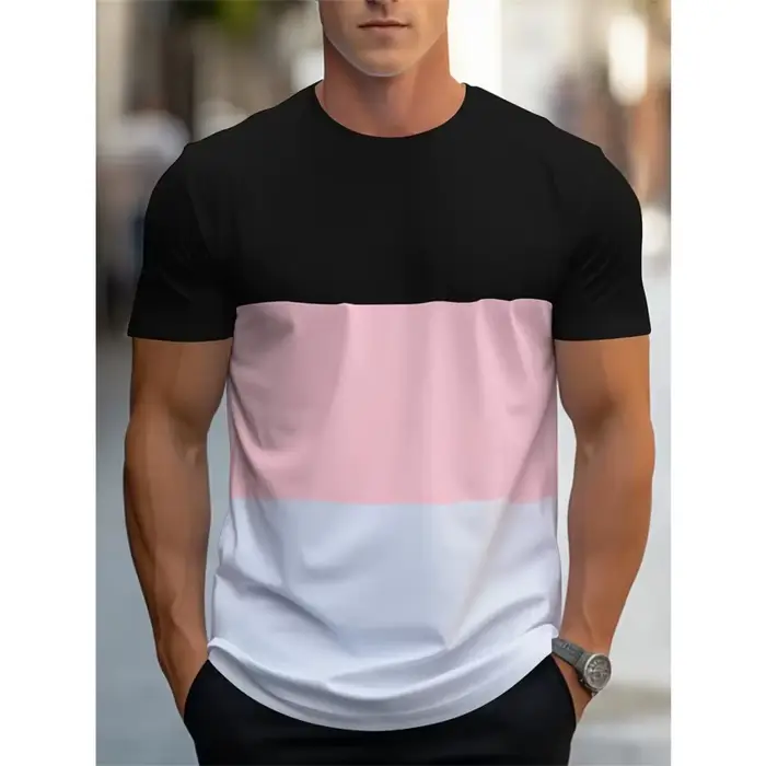 T-shirt à motif de rayures colorées pour hommes, bloc de couleur imprimé en 3D, décontracté, manches