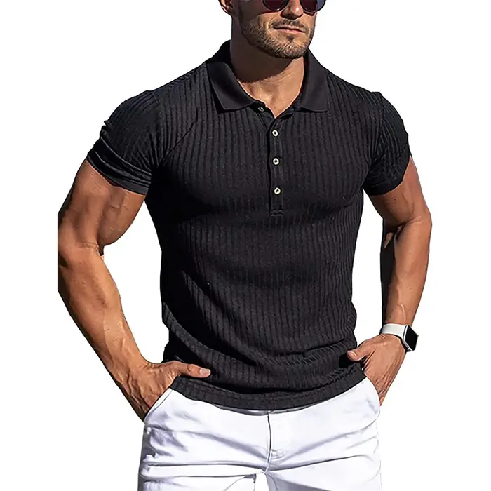 Polo à manches courtes pour hommes, chemises à col montant, rayures solides, fitness, élasticité, mo
