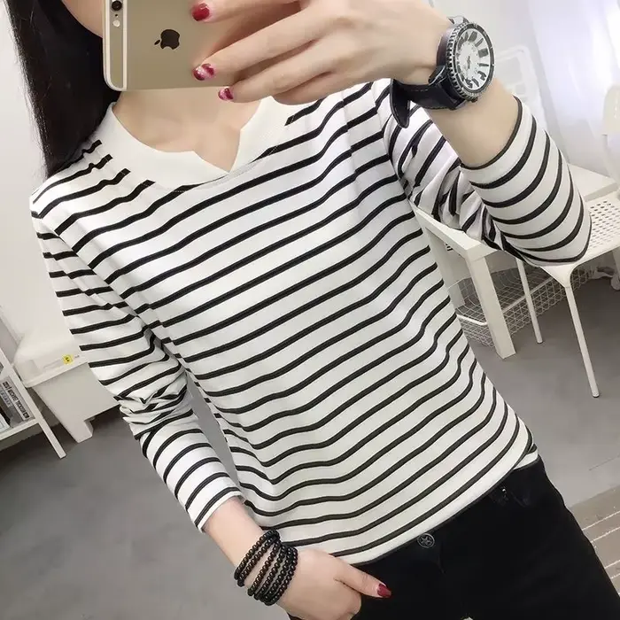 T-shirt ample à manches longues pour femme, grande taille, style décontracté, col en V, motif rayé, 