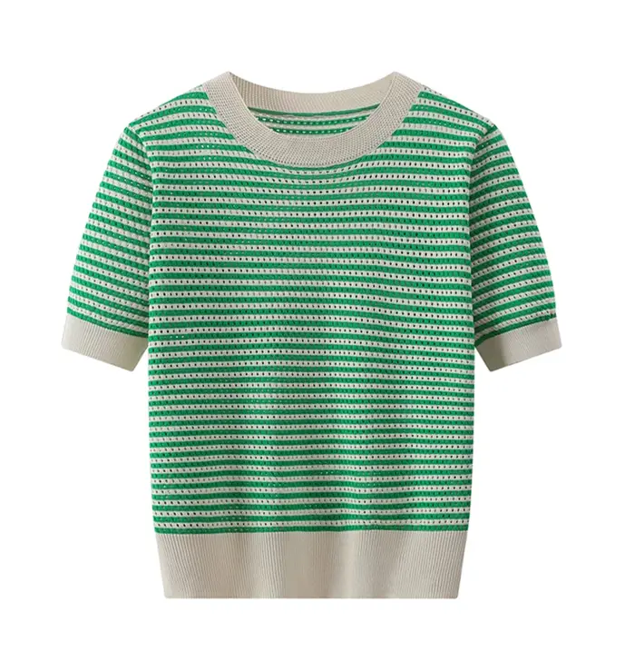 T-shirt Pour Femmes Tricoté Évider Mince Rayé