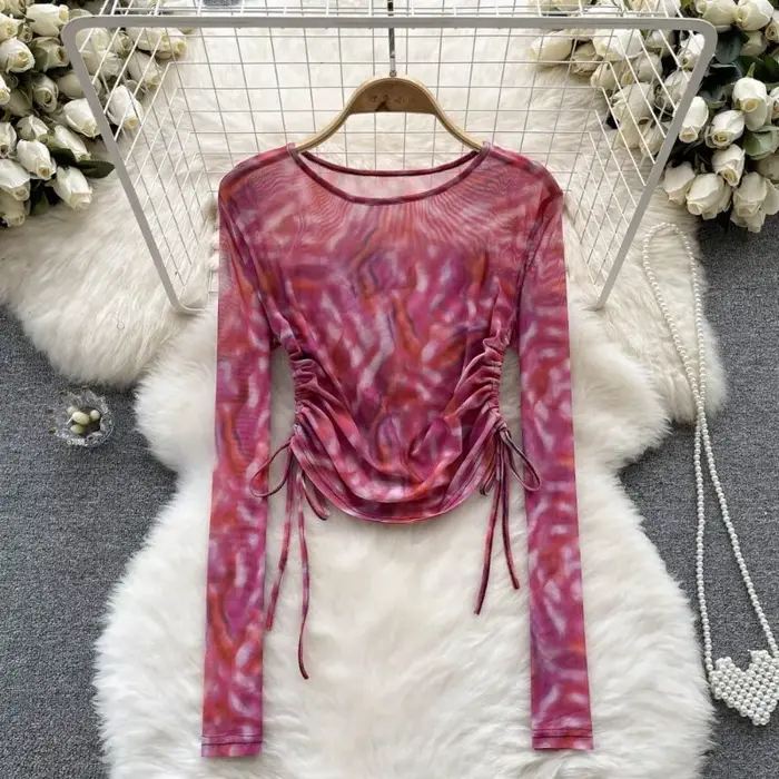 Vinatge Tie-dye T-shirts femmes Sexy mode vacances à manches longues hauts décontracté chemise conception automne printemps femme Streetwear Ins