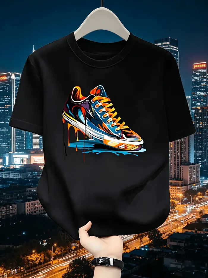 T-shirt homme tendance été 2026 avec imprimé graffiti, 100 % coton, coupe ample, manches courtes pol