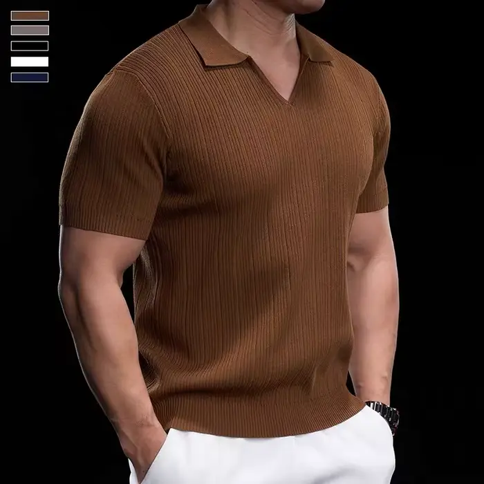 Polo en tricot côtelé pour homme, col en V, manches courtes, coupe ajustée, couleur unie, haut d'été