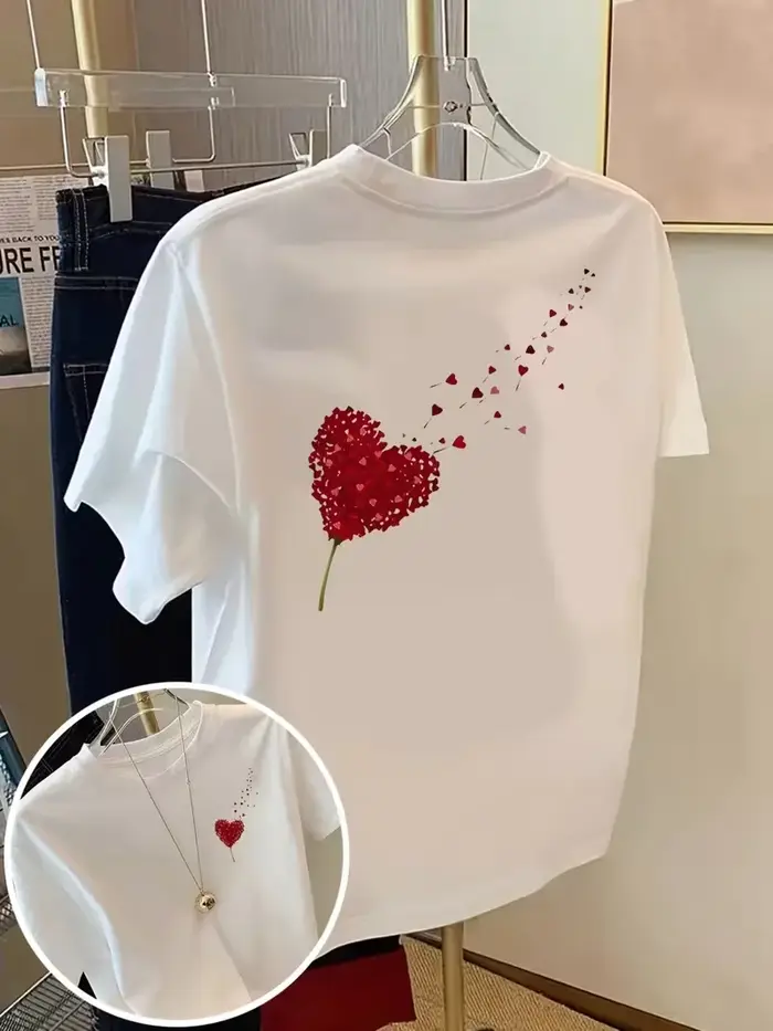 T-shirt imprimé sur le devant et le dos avec motif cœur rose, motif cœur rouge romantique, t-shirt p
