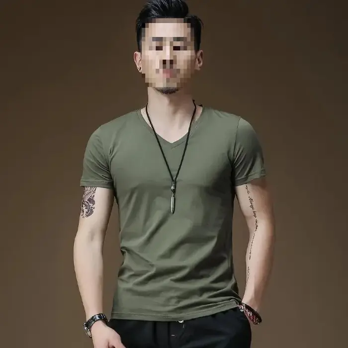 T-Shirt en coton pour hommes, col en v, coupe cintrée, noir, couleur unie, couche de Base, haut pour