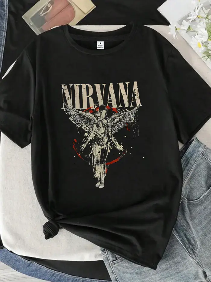 【0933】 T-shirt à col rond pour femmes, manches courtes, imprimé lettres et anges, haut à demi-manche