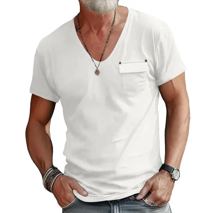 Hommes Col V Poche Économie Casual Homme À Manches Courtes Solide document At Tee Shirt Y-CBFS-CY-25-A
