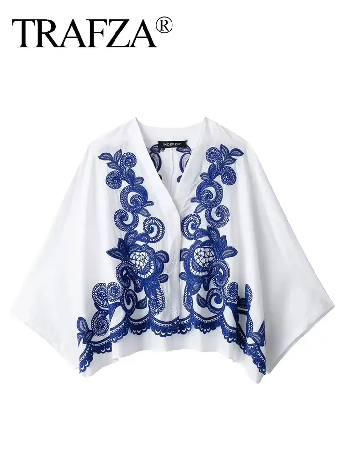 HH 2024 femmes mode bleu broderie florale Blouse décontracté ample col en V simple boutonnage chemise femme Chic haut Y2K