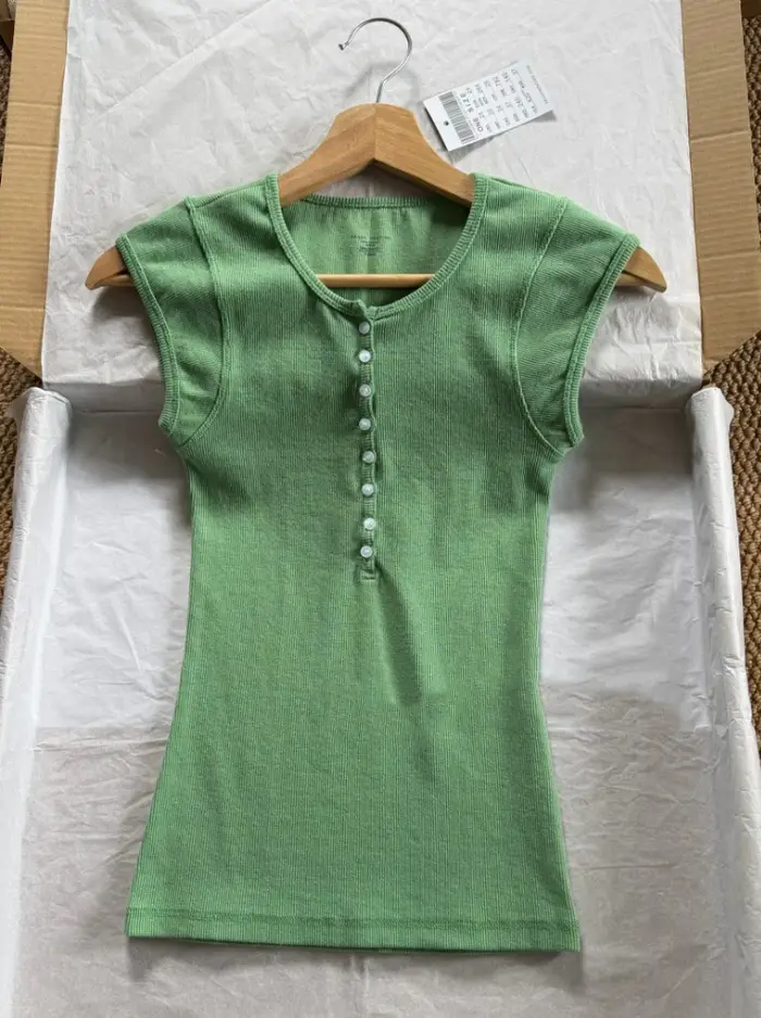 T-shirts slim Matcha Buttons pour femmes, été, décontracté, streetwear, côtelé, col rond, manches courtes, doux, simple, polyvalent, Y2K
