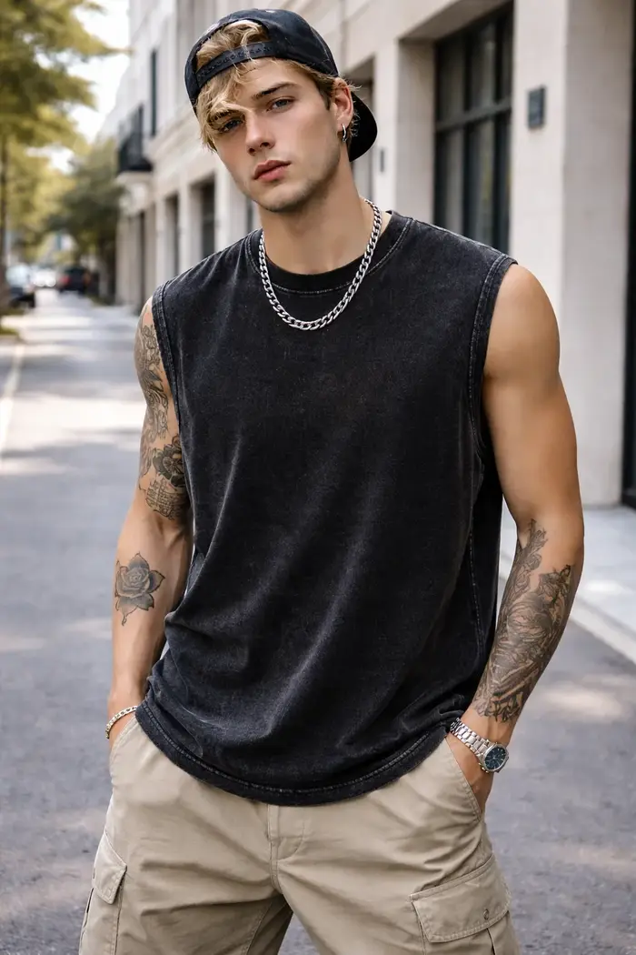 Débardeur Homme Lavé Style Urbain 230G Coton Vintage Sans Manches Coupe Ample Été Entraînement Gym Streetwear