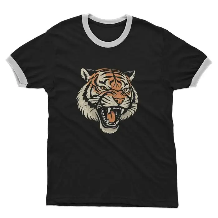 T-shirt unisexe avec motif grondant de tigre, style vintage, streetwear décontracté, col contrastant