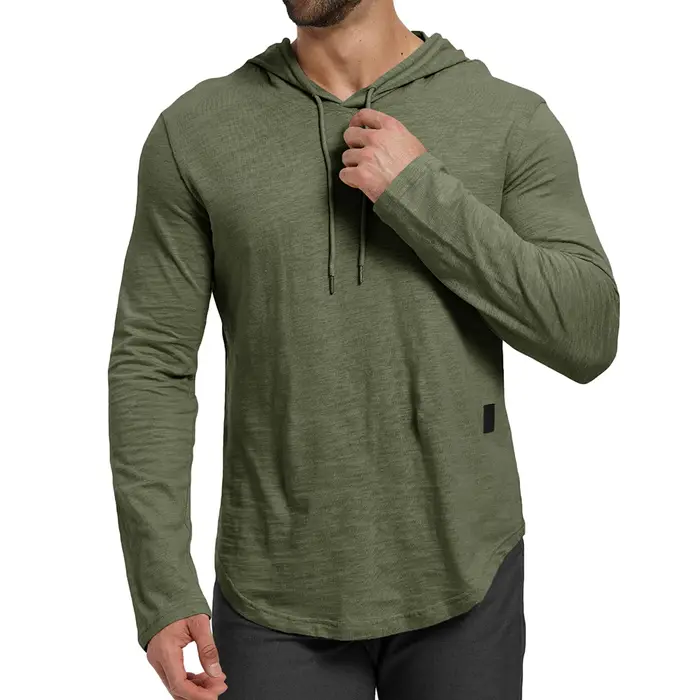 T-shirt à capuche pour hommes, respirant, léger, couleur unie, coupe ajustée, décontracté, manches l