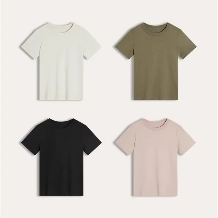 Haut décontracté à manches courtes et col rond pour femme en tissu pur coton biologique tissé uni