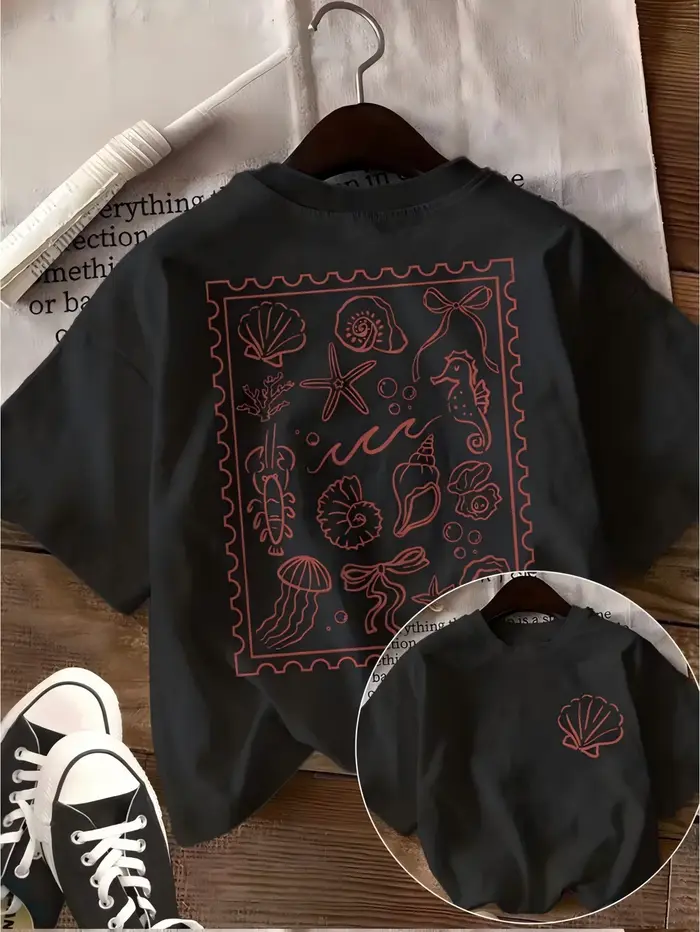 T-shirt unisexe décontracté d'été avec motifs d'animaux marins (hippocampe