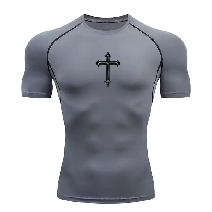 Chemise de compression à imprimé croisé pour hommes, t-shirt athlétique chrétien, hauts d'entraînement de gymnastique, couches de base de course, sous-vêtements, protection contre les éruptions cutané