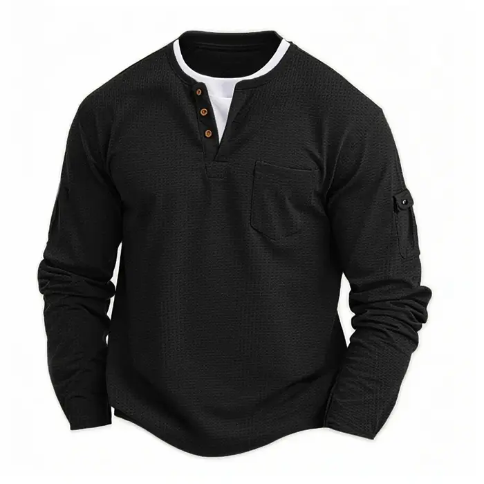 Homme nouveau bouton Henley col chemise à manches longues décontracté