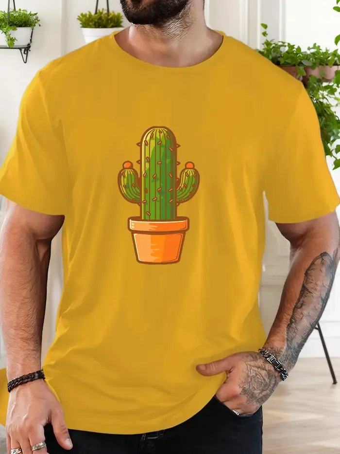 T-Shirt homme 2025 nouveauté mignon Cactus graphique Vibrant vert et Orange imprimé haut élégant quotidien décontracté