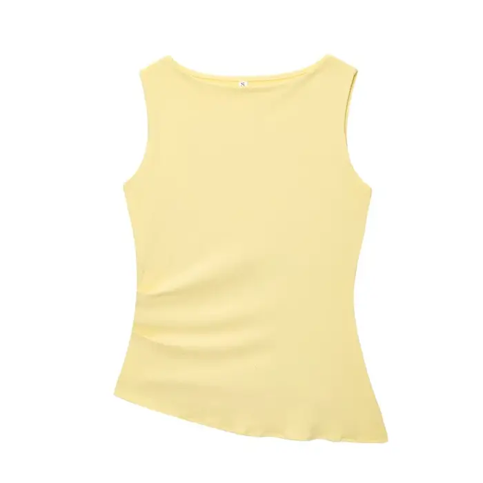 T-shirt pour femme, jaune, col rond, gilet plissé, ourlet asymétrique, haut sans manches slim, gilet