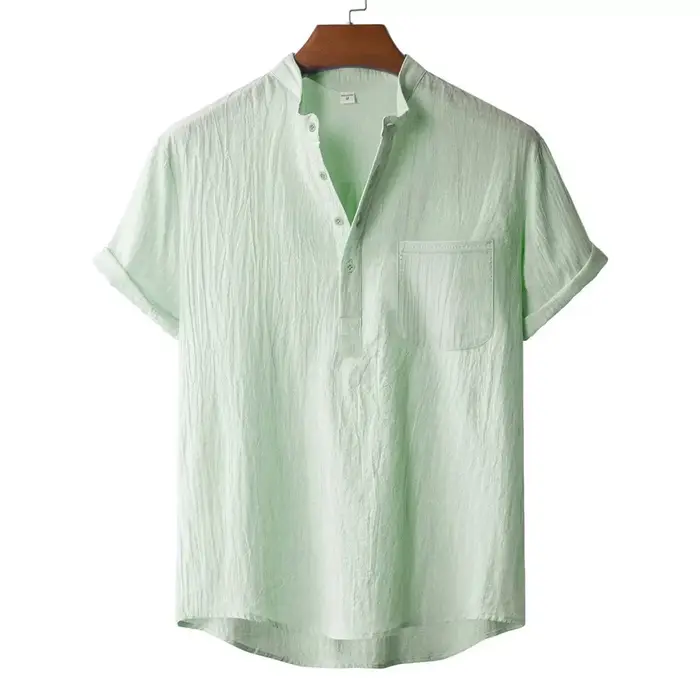T-shirt d'été en coton et lin pour hommes, Style plage, manches courtes, col Henley, vacances hawaïe