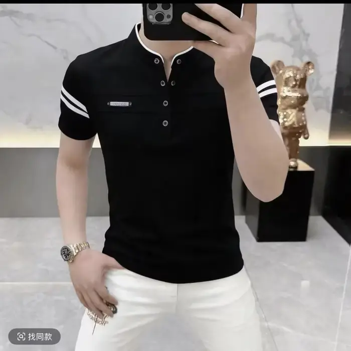 T-shirt d'été pour homme à col Henry, coupe ajustée, mode décontractée, t-shirts professionnels à co