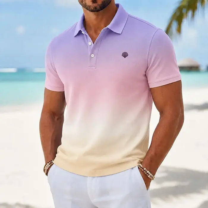 Polo pour homme à imprimé coquillage dégradé violet, rose et beige, hauts décontractés pour le print