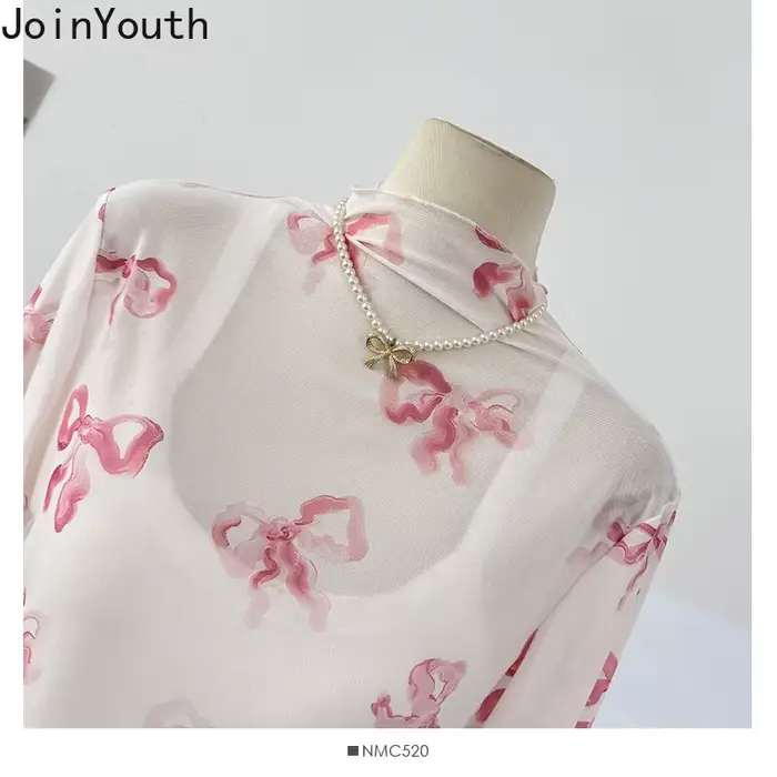 Gaze femme t-shirts nœud imprimé à manches longues