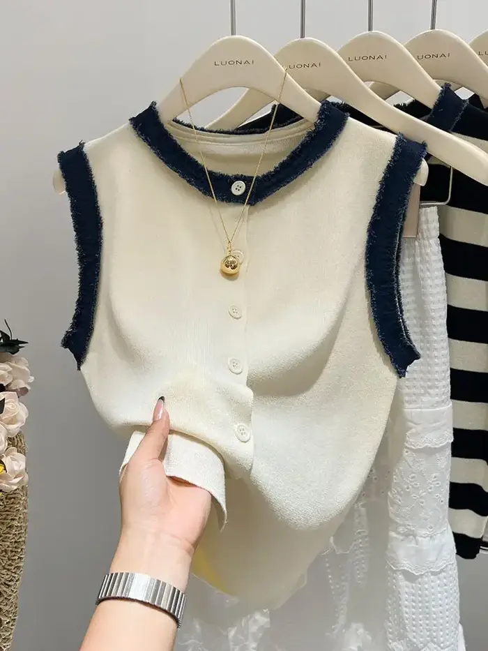 Haut sans manches en tricot blanc – Gilet court d'été à bretelles décontractées