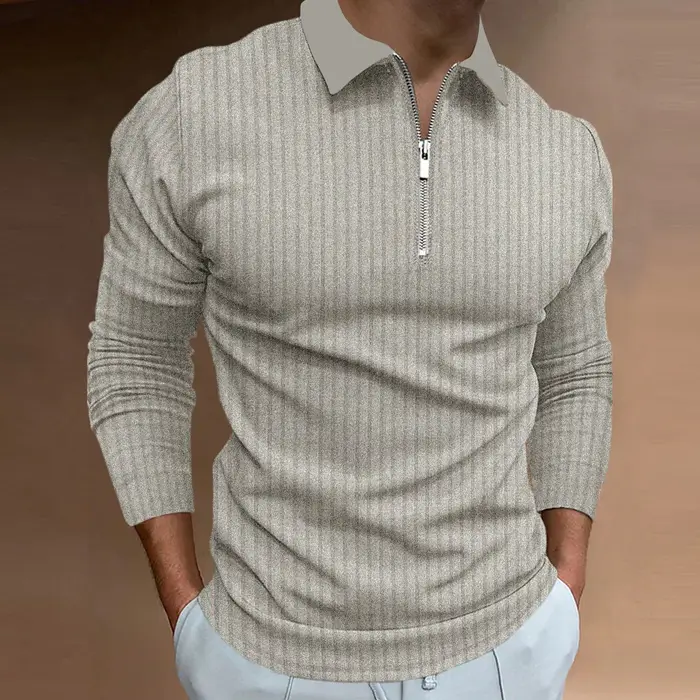 Polo pour hommes avec col, rayures, manches longues et fermeture éclair