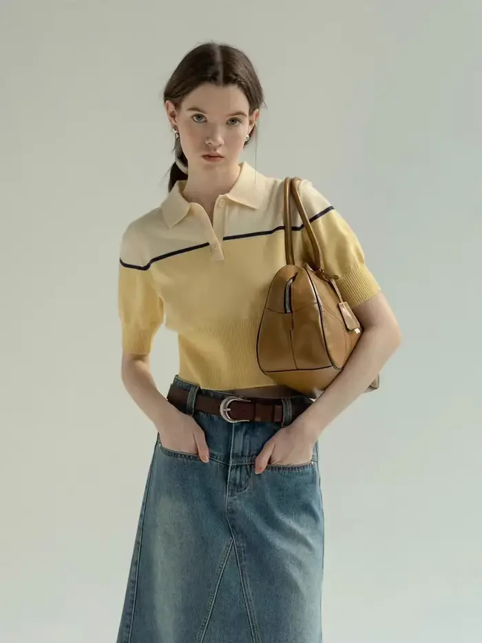 T-Shirt tricoté à col Polo contrasté français pour femmes
