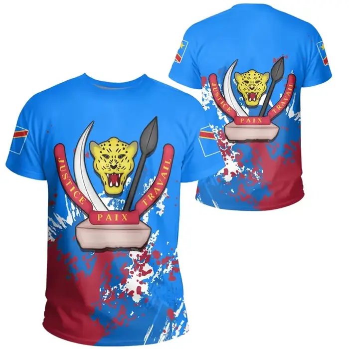 T-shirt à manches courtes à col rond décontracté d'été avec impression 3D de l'emblème national de la République démocratique du Congo