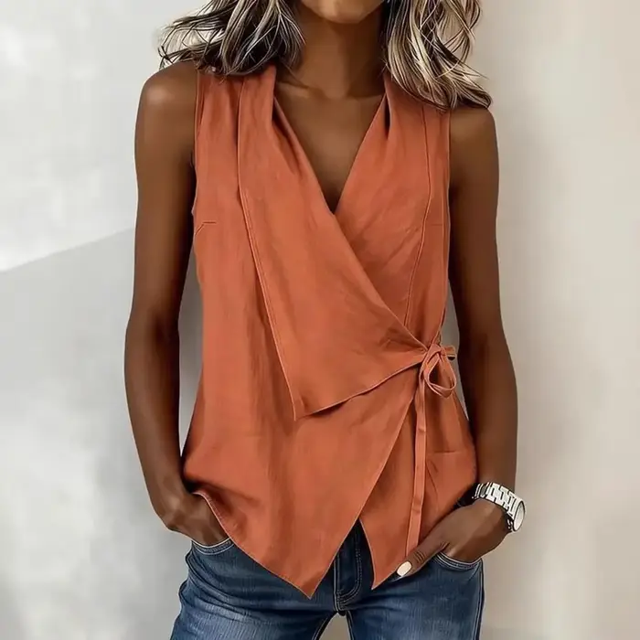 Débardeur Femme Col Revers en V Sans Manches avec Bande Latérale Coupe Classique – Idéal pour le Travail