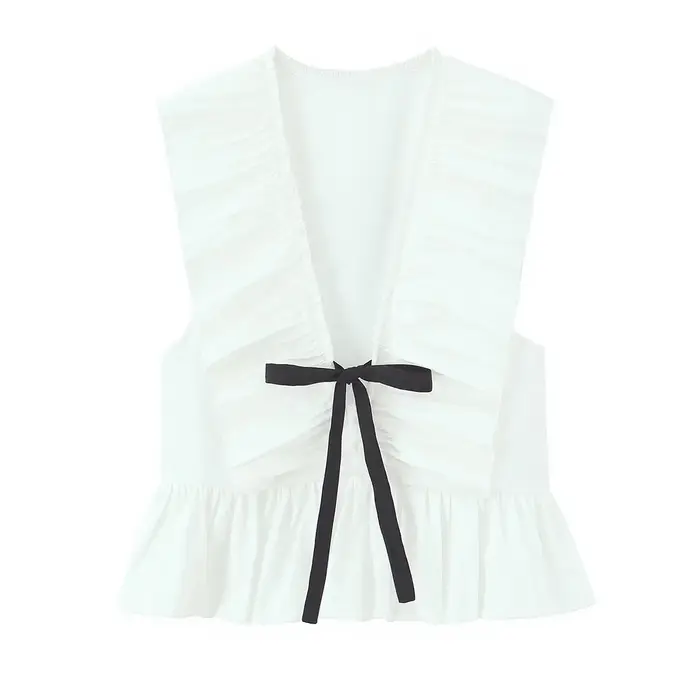 HH Blouse élégante minimaliste sans manches à volants, col en V, nœud papillon noir, crop top peplum