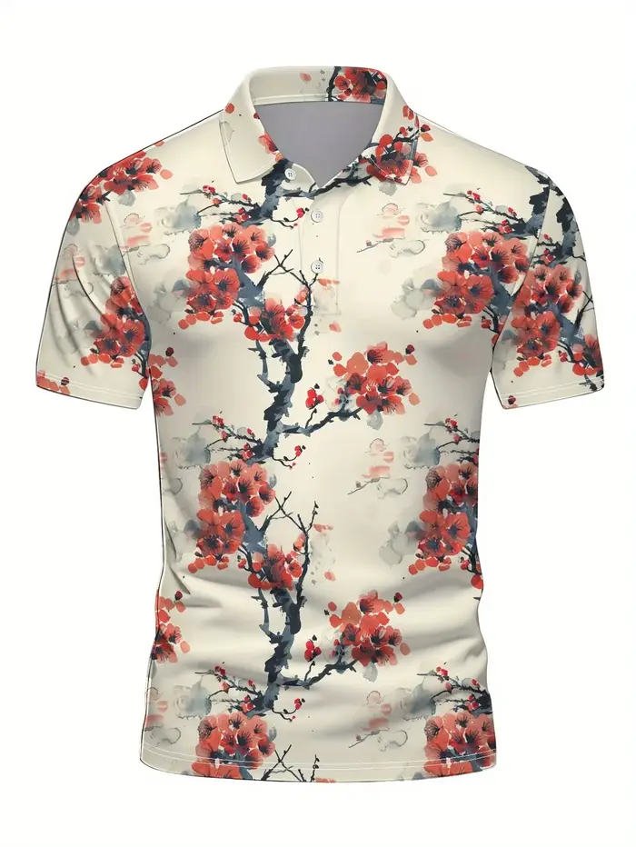 Polo à motif de fleurs de cerisier japonais pour hommes et femmes