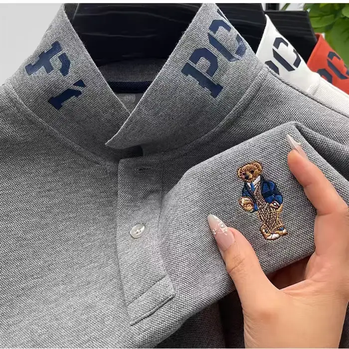 Marque de luxe hommes Polo revers ours broderie impression à manches longues 100 coton T-Shirt automne affaires mode