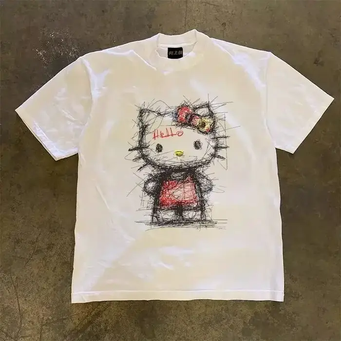 T-shirt pour homme, coton pur, marque tendance, imprimé Hello Kitty, t-shirt à manches courtes pour 