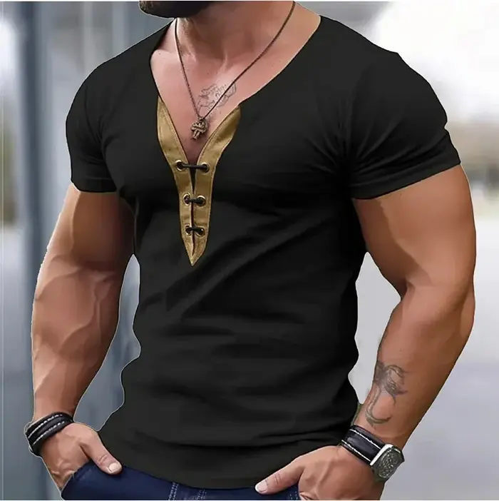 T-shirt Slim à Manches Courtes et Col en V pour Homme, Vêtement Décontracté Idéal pour la Gym, la Co