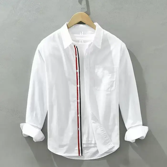 Chemise Oxford en coton pour homme 2026, à manches longues, avec patte de boutonnage à ruban contras