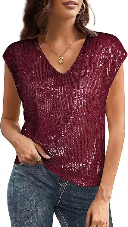 T-shirt sexy à sequins pour femme 2026, manches courtes, mode estivale Harajuku, hauts à col en V ré