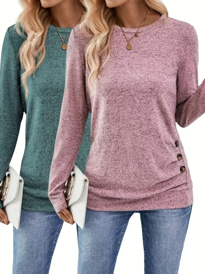 T-Shirt froncé à décor de boutons, haut décontracté à manches longues pour le printemps et l'automne