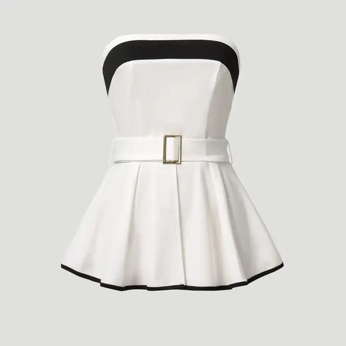 Haut peplum pour femme, sans bretelles, color block, ceinturé, coupe ajustée et lisse, élégant, chic