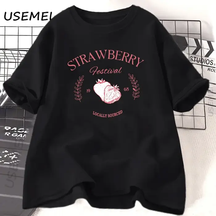 Fraise Vintage T-Shirt femme coton fraise Festival Cottagecore T-Shirt été fruits T-Shirt col rond à